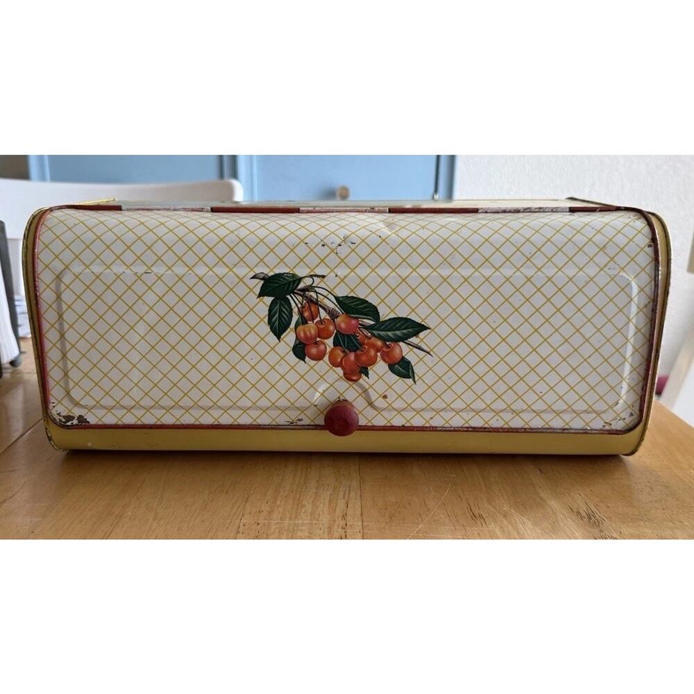 Vintage‎ Decoware Metal Bread Box w/Yellow Lattice Pattern W/Cherry motif